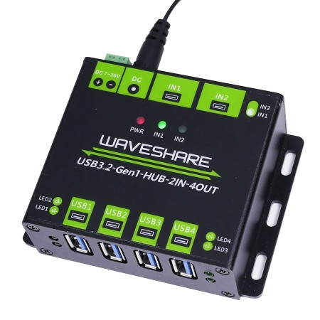 Hub USB industrial 4 puertos con 2 entradas conmutables