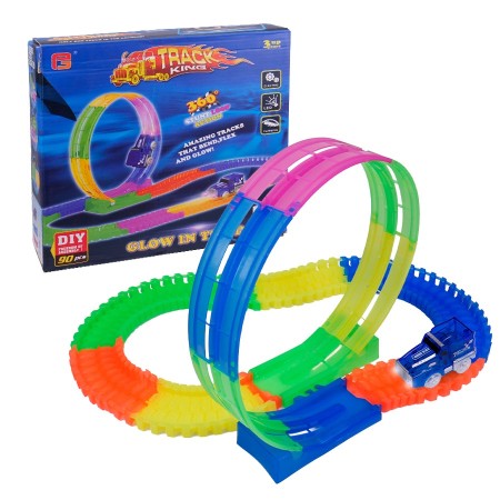 Pista de auto con luz flexible, 90 piezas, 1 auto