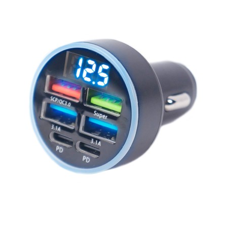 Cargador USB para auto de 6 puertos con display LED
