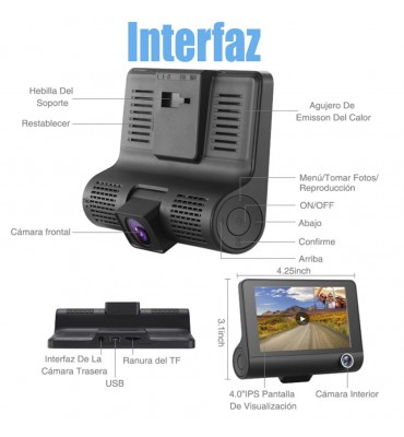 Camara 1080P  para auto de 3 Lentes  frontal interno y retroceso