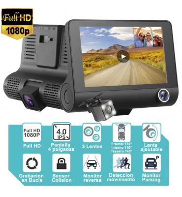 Camara 1080P  para auto de 3 Lentes  frontal interno y retroceso