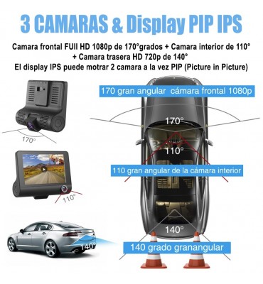 Camara 1080P  para auto de 3 Lentes  frontal interno y retroceso