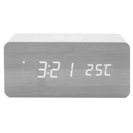 Reloj LED de madera con cargador inalámbrico Qi