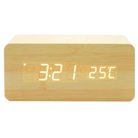 Reloj LED de madera con cargador inalámbrico Qi