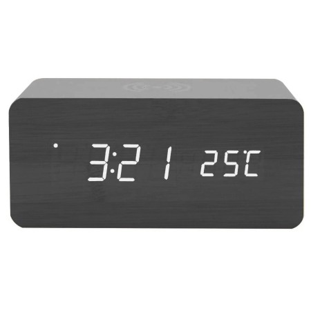 Reloj LED de madera con cargador inalámbrico Qi